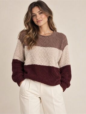 Altar'd State Three-Tone Sherpa Crewneck Sweater - Brown, Cream & Taupe Sz XS
